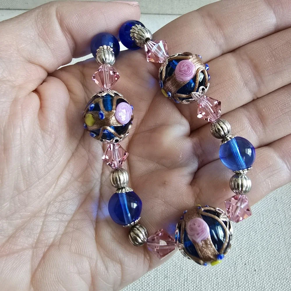 Murano Glass Wedding Cake Bead Necklace Sterling 925 Blue Pink Venetian Lampwork
